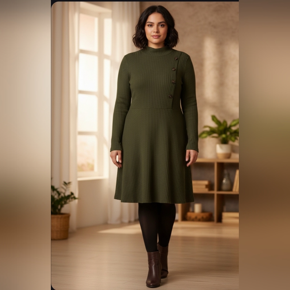 Trend Setter Diva Boutique Olive Green Faux Button Long Sleeve Sweater Dress